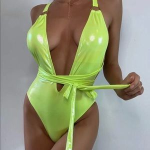Neon green one piece bathing suit